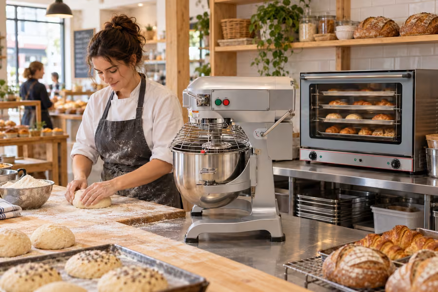 Baker preparing dough beside a planetary mixer and convection oven