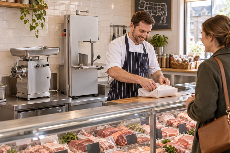 Butcher serving a customer in a shop with professional meat preparation equipment