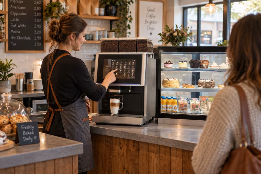 Barista serving a customer beside an automatic coffee machine and cake display