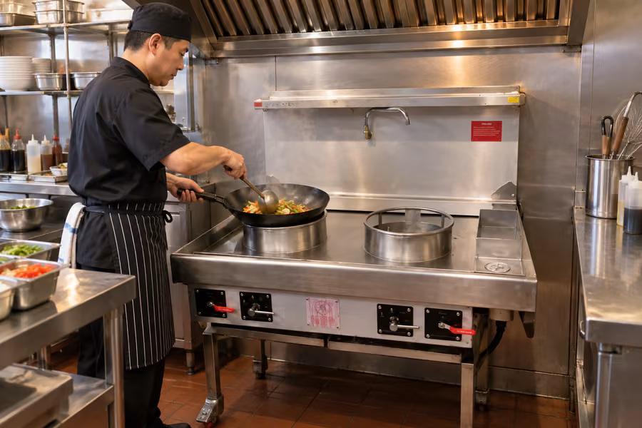 Chef cooking at a stainless steel wok range in a Chinese takeaway kitchen