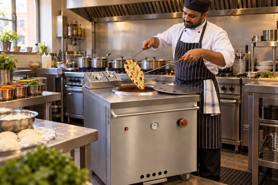 Chef using a commercial tandoori oven in an Indian restaurant kitchen