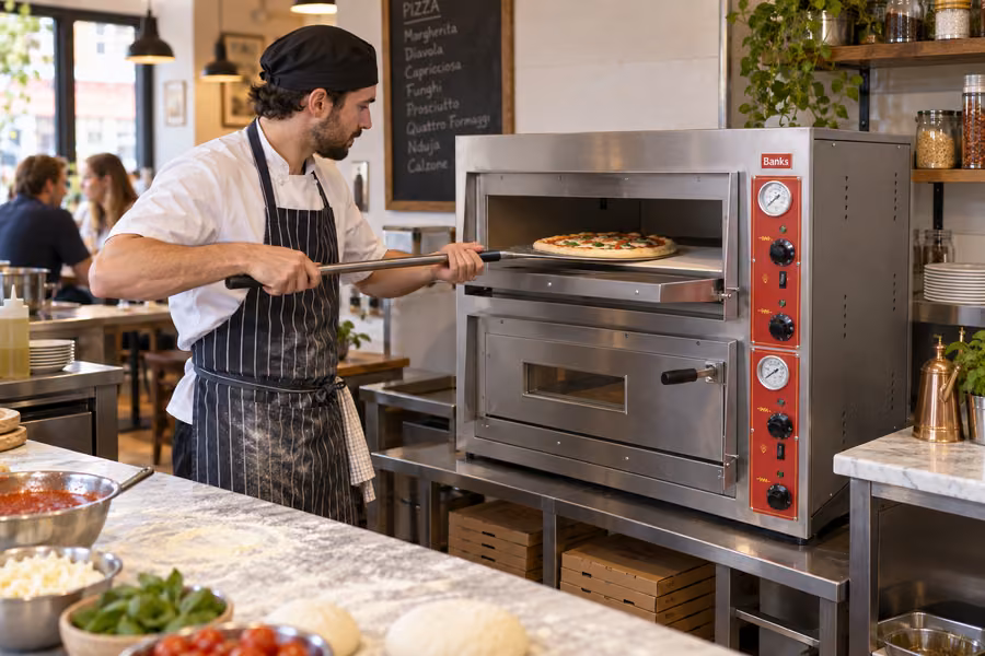 Pizza chef baking with a stainless steel twin-deck pizza oven