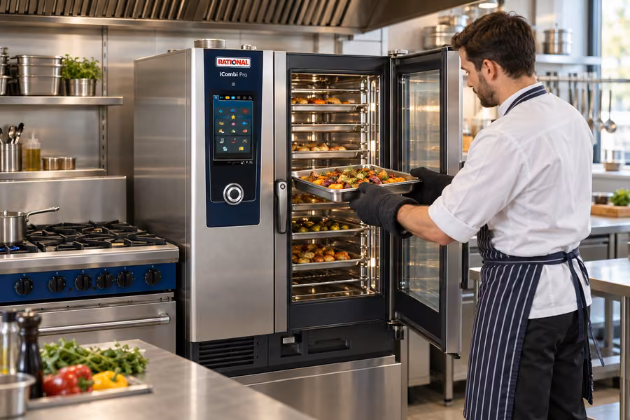 Chef working with a combi oven in a professional restaurant kitchen