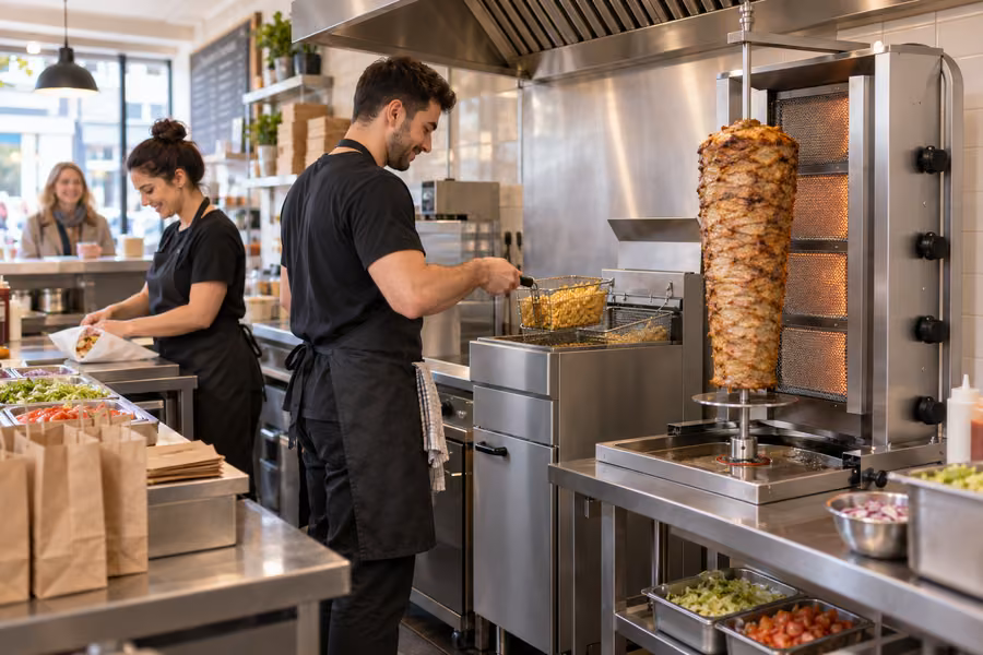 Takeaway team preparing orders beside commercial frying and kebab equipment