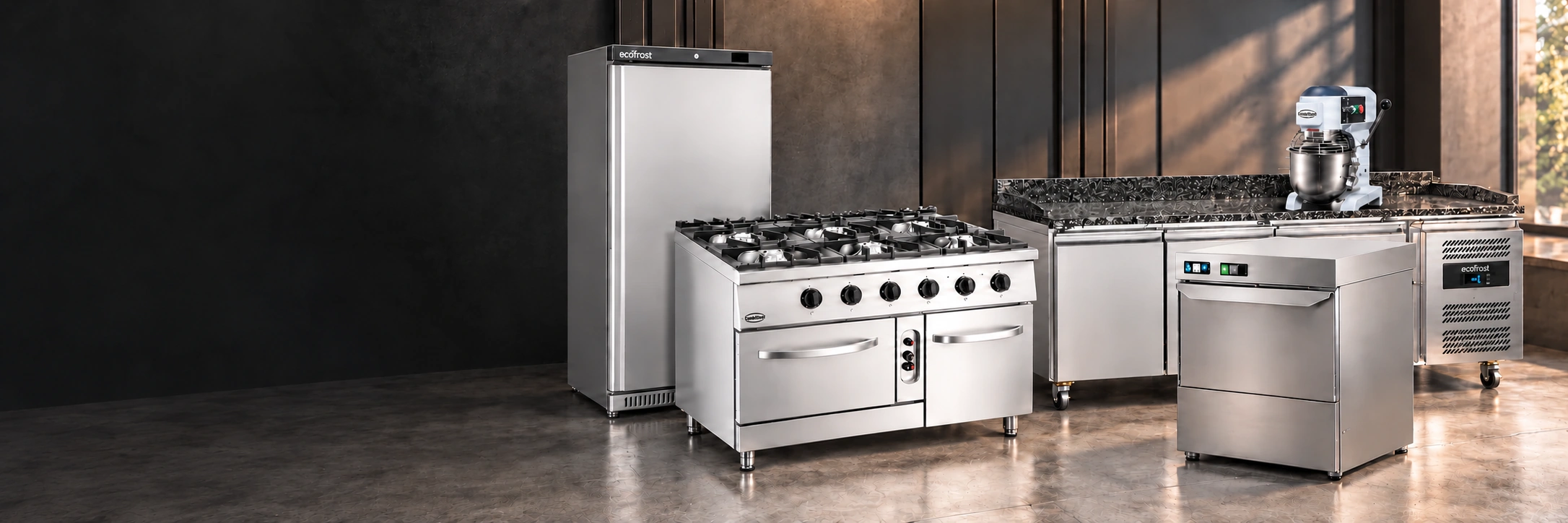 CombiSteel 30% off: refrigerator, six-burner range, dishwasher, granite pizza prep counter and mixer in a warm charcoal showroom