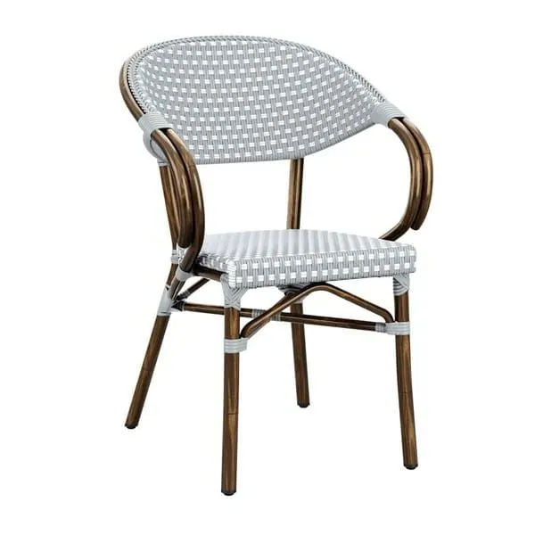 Panda French Bistro Outdoor Arm Chairs - White and Pacific Blue Weave