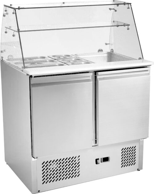 2 Door Saladette Fridge Glass Top 240L Refrigerated Prep Counter GN 900mm